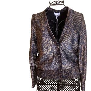 NEW WITH TAGS GANNI Animal Leopard Print Metallic V-Neck Cardigan Sweater sz 40